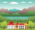 Hills and mountains landscape with house farm in flat style design. Forest in valley illustration. Beautiful green fields, meadow Royalty Free Stock Photo