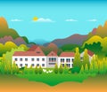 Hills and mountains landscape with house farm in flat style design. Forest in valley illustration. Beautiful green fields, meadow Royalty Free Stock Photo