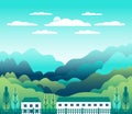 Hills and mountains landscape with house farm in flat style design. Forest in valley illustration. Beautiful green fields, meadow Royalty Free Stock Photo