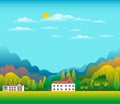 Hills and mountains landscape with house farm in flat style design. Forest in valley illustration. Beautiful green fields, meadow Royalty Free Stock Photo