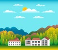 Hills and mountains landscape with house farm in flat style design. Forest in valley illustration. Beautiful green fields, meadow Royalty Free Stock Photo