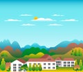 Hills and mountains landscape with house farm in flat style design. Forest in valley illustration. Beautiful green fields, meadow Royalty Free Stock Photo