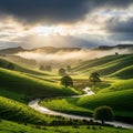 Hills with scattered trees are illuminated by sunlight breaking through Royalty Free Stock Photo