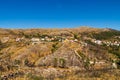 Hills with stone in mountain region in Portugal. Burnt trees after a fire in the mountains. Ecological catastrophe Royalty Free Stock Photo