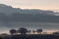 Hills and trees at dawn trough the mist and fog Royalty Free Stock Photo