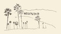 Hills and trees engraving illustration, hollywood