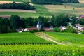 Hills with vineyards and church in Urville, champagne vineyards in Cote des Bar, Aube, south of Champange, France