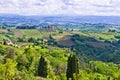 Hills, vineyards and cypress trees, Tuscany landscape near San Gimignano