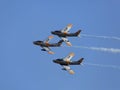 Three US Air force F-86 Sabre jet fighters in a close formation against blue sky Royalty Free Stock Photo