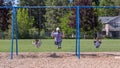 Happy family - mother with two kids - a boy and a girl on a swing in a park