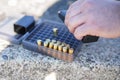 Luger handgun bullets with a magazine at the gun range. Royalty Free Stock Photo