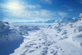 Hillside journey Snow covered footprints trace human climb amid serene snowy terrain