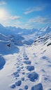 Hillside journey Snow covered footprints trace human climb amid serene snowy terrain