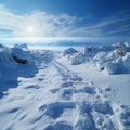 Hillside journey Snow covered footprints trace human climb amid serene snowy terrain