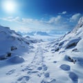 Hillside journey Snow covered footprints trace human climb amid serene snowy terrain