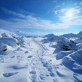 Hillside journey Snow covered footprints trace human climb amid serene snowy terrain