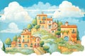 hillside mediterranean homes with clay tile roofs, magazine style illustration