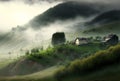 Hillside near the village in morning mist, poetic scenery background