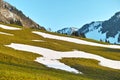 Hillside meadow with snow patches in mountainous region of Austria