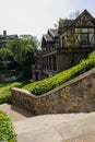 Hillside stairway before European-style building in sunny autumn