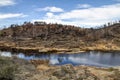 Hillside with trees burned by a forest fire next to the riverbed of the Tinto river Royalty Free Stock Photo