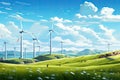 a hillside with white wind turbines