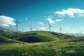 a hillside with white wind turbines