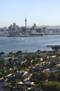 Hilltop vista of seaside suburb, coastal cityscape of cbd from Mount Victoria, Devonport, Auckland, New Zealand