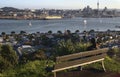 Hilltop vista of seaside suburb, coastal cityscape of cbd and port from grassy Mount Victoria, Devonport, Auckland, New Zealand