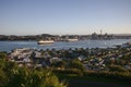 Hilltop vista of seaside suburb, coastal cityscape of cbd and port from grassy Mount Victoria, Devonport, Auckland, New Zealand Royalty Free Stock Photo