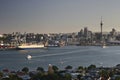 Hilltop vista of seaside suburb, coastal cityscape of cbd and port from grassy Mount Victoria, Devonport, Auckland, New Zealand Royalty Free Stock Photo