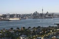 Hilltop vista of seaside suburb, coastal cityscape of cbd and port from grassy Mount Victoria, Devonport, Auckland, New Zealand