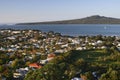 Hilltop vista of seaside suburb, scenic coast and Rangitoto Island from Mount Victoria, Devonport, Auckland, New Zealand