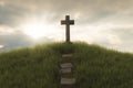 hilly grassland with stairs to an ancient cross monument