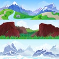 Hilly mountains Landscape in Seasons: summer and winter. Floral background changing seasonal scenics picturesque pictorial