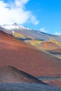 Hilly volcanic landscape around the top of famous Mount Etna, Sicily, Italy. Snow on the very top of the mountain