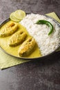 Hilsa fish cooked with mustard and traditional Bangladeshi spices served with white rice closeup on the plate. Vertical Royalty Free Stock Photo
