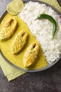 Hilsa fish cooked with mustard and traditional Bangladeshi spices served with white rice closeup on the plate. Vertical top view Royalty Free Stock Photo