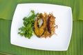 Hilsa fish fry, onion and dried chilly with Coriander leaf in plate. Royalty Free Stock Photo