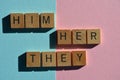 Him, Her, They, gender pronouns. Pink for Girl, Blue for Boy.