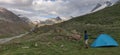 Himachal, India - July 10th, 2022 : wild camping in the Himalayas. camping tent among mountains