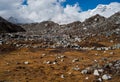 Himalaya landscape: moraine and mountain peaks Royalty Free Stock Photo