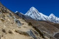 Himalaya mountain Pumori peak summit on EBC Nepal trek hiking route Royalty Free Stock Photo