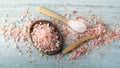 Himalaya pink salt in wooden spoons Royalty Free Stock Photo