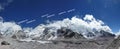 The himalayan Everest Range with blue sky and clouds - with captions, seen from the Everest Base Camp trek, Nepal