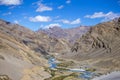 Himalayan landscape in Himalayas mountains along Manali - Leh highway. Ladakh, India. Big mountains, dirt road, blue sky, river an Royalty Free Stock Photo
