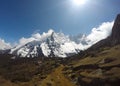 Himalayan landscape, sunny day in peaceful valley with village and farms