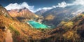 Himalayan mountains and lake with turquoise water at sunset Royalty Free Stock Photo