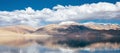 Himalayan mountains mirrored reflected in Tso Moriri mountain Lake water surface near Karzok or Korzok village in the Leh district