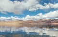 Himalayan mountains mirrored reflected in Tso Moriri mountain Lake water surface near Karzok or Korzok village in the Leh district